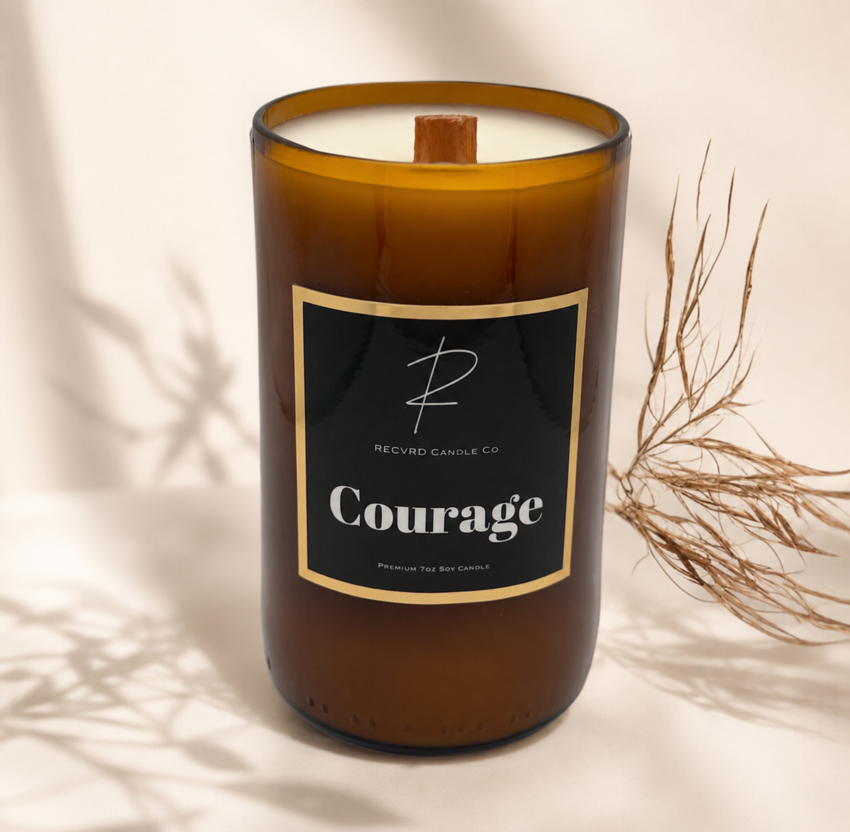 RECVRD Candle Co Courage Citrus Mandarin soy wax beer bottle candle with crackling wood wick