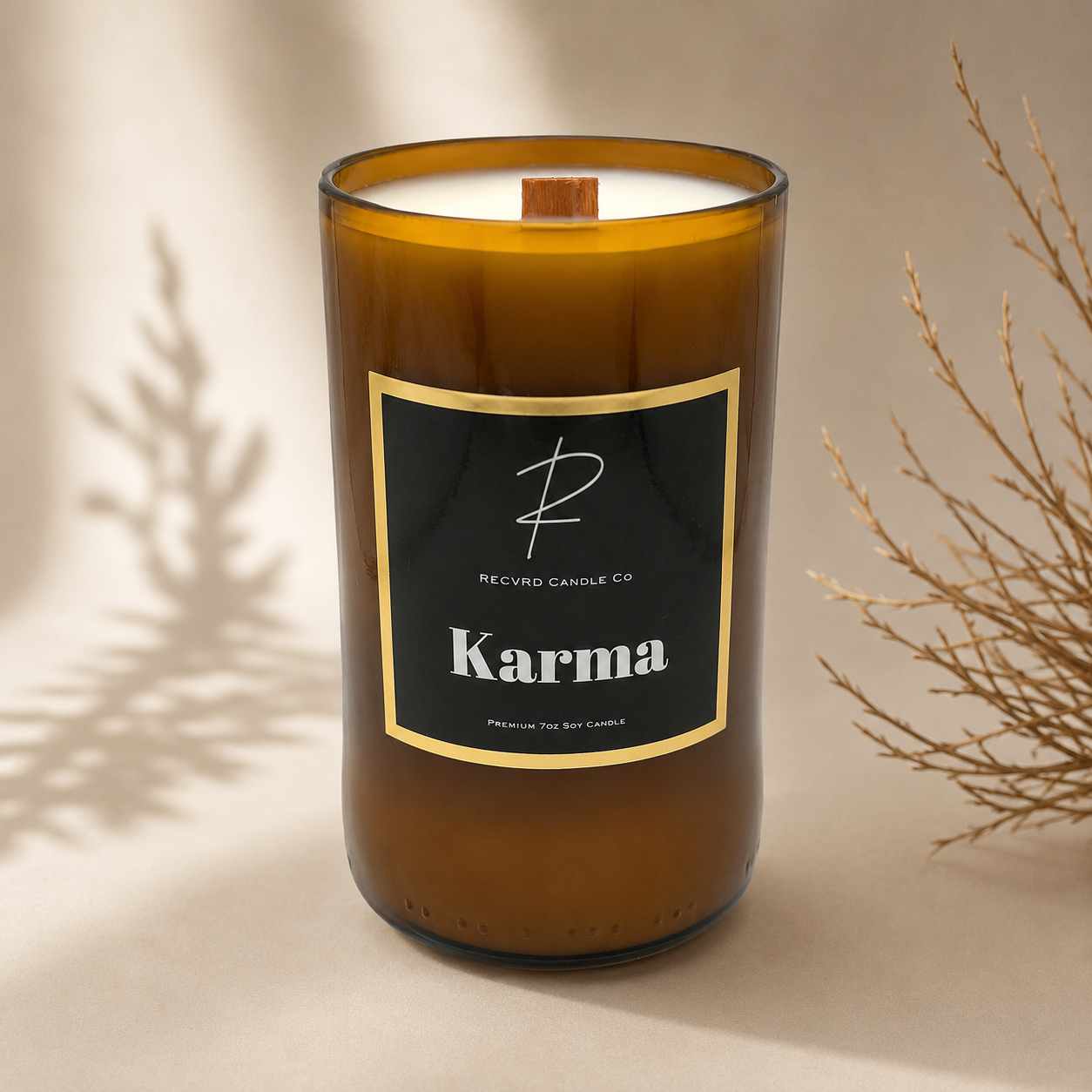 RECVRD Candle Co Karma Bamboo Teak soy wax beer bottle candle with crackling wood wick