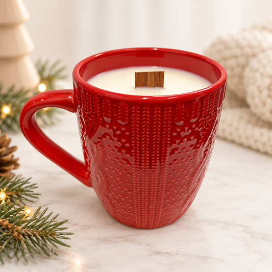 RED CABLE KNIT MUG CANDLE