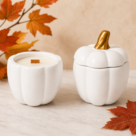 White Ceramic Pumpkin Candle - Pumpkin Chai Scent