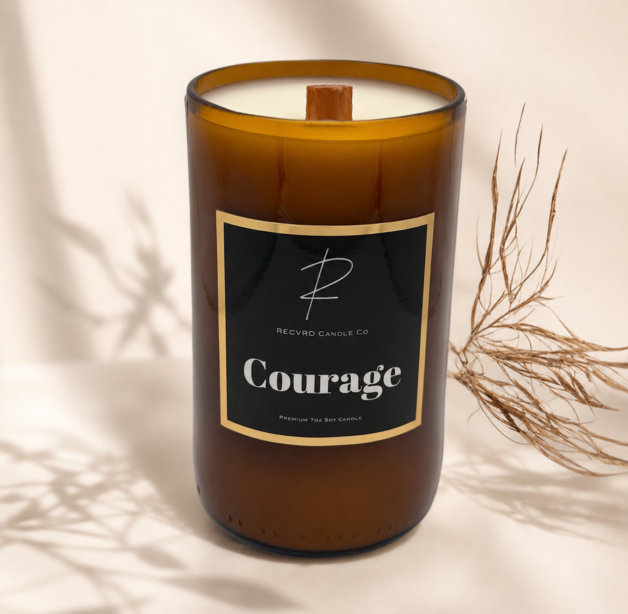 RECVRD Candle Co Courage Citrus Mandarin soy wax beer bottle candle with crackling wood wick