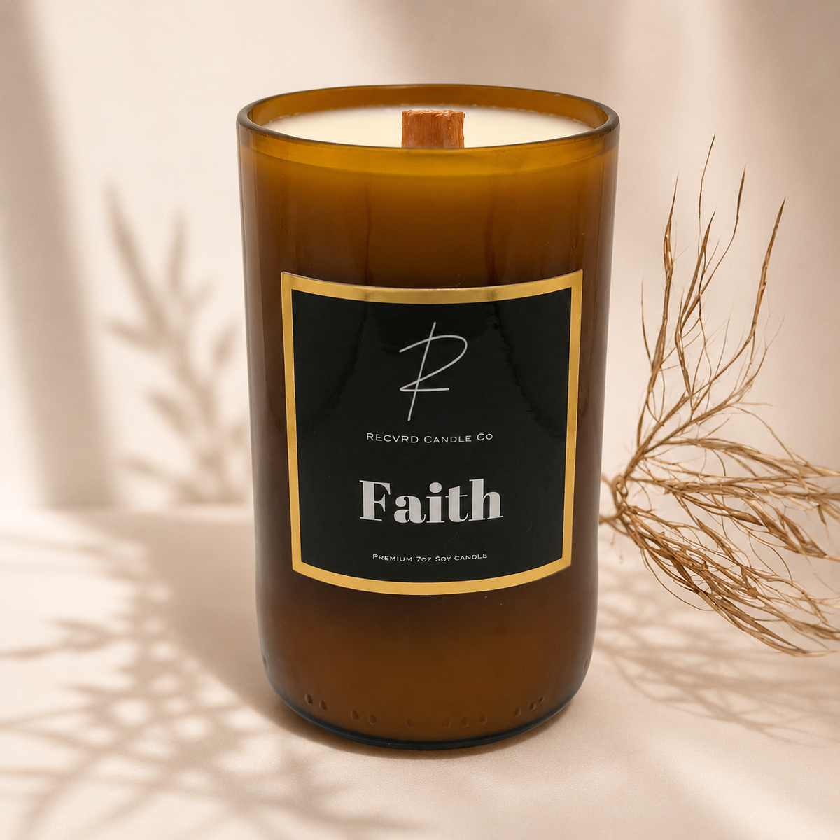 RECVRD Candle Co Faith Rosemary Sage soy wax beer bottle candle with crackling wood wick