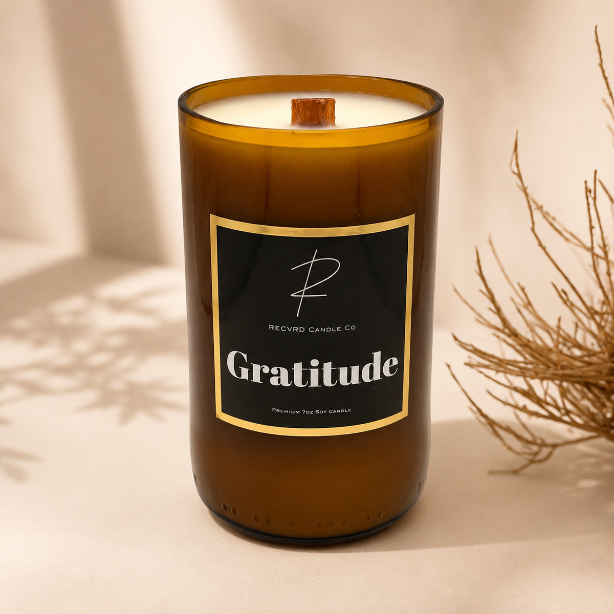 RECVRD Candle Co Gratitude Sandalwood soy wax beer bottle candle with crackling wood wick