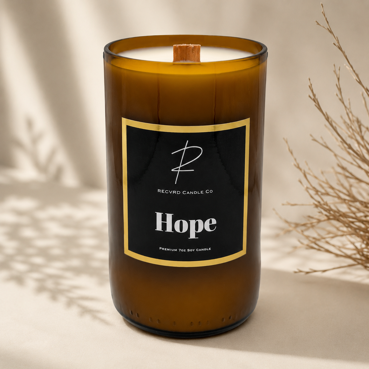 RECVRD Candle Co Hope Peppermint Eucalyptus soy wax beer bottle candle with crackling wood wick