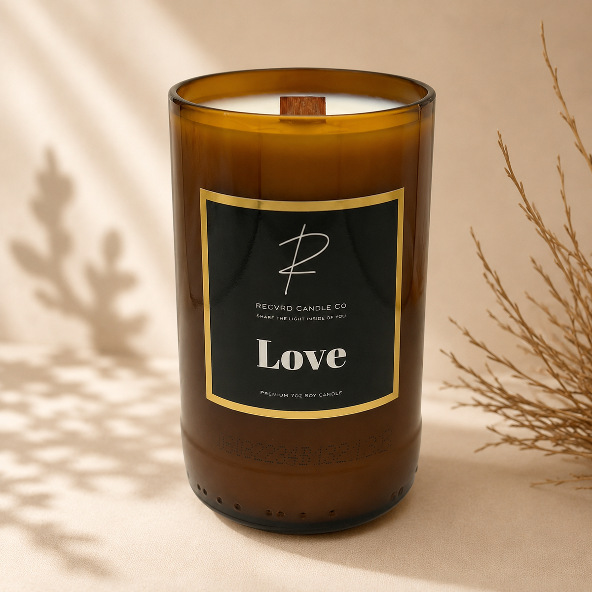 RECVRD Candle Co Love Rose Petals soy wax beer bottle candle with crackling wood wick