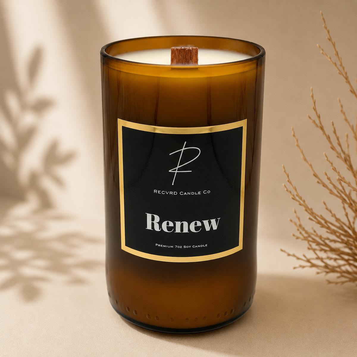 RECVRD Candle Co Renew White tea soy wax beer bottle candle with crackling wood wick