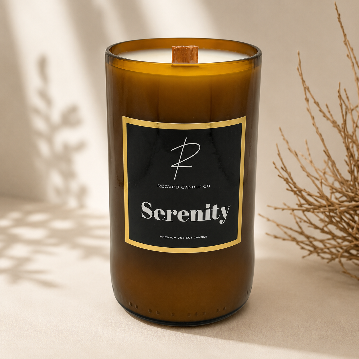 RECVRD Candle Co Serenity Lavender  soy wax beer bottle candle with crackling wood wick