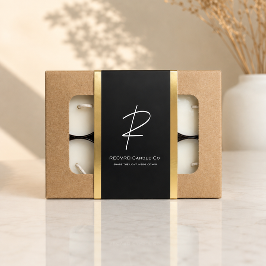 RECVRD Candle Co artisan soy wax tealights, 100% soy wax, essential oil infused scent, handmade in Vancouver BC
