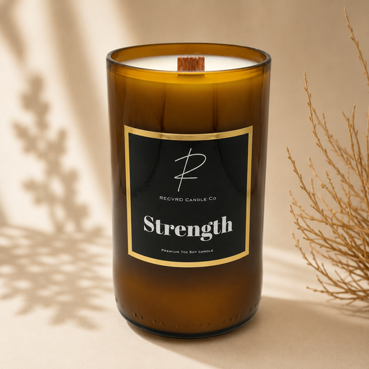 RECVRD Candle Co Strength Amber Driftwood soy wax beer bottle candle with crackling wood wick